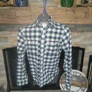 Hollister Flannel Blue, Green & White Plaid Men's Shirt Size Large
